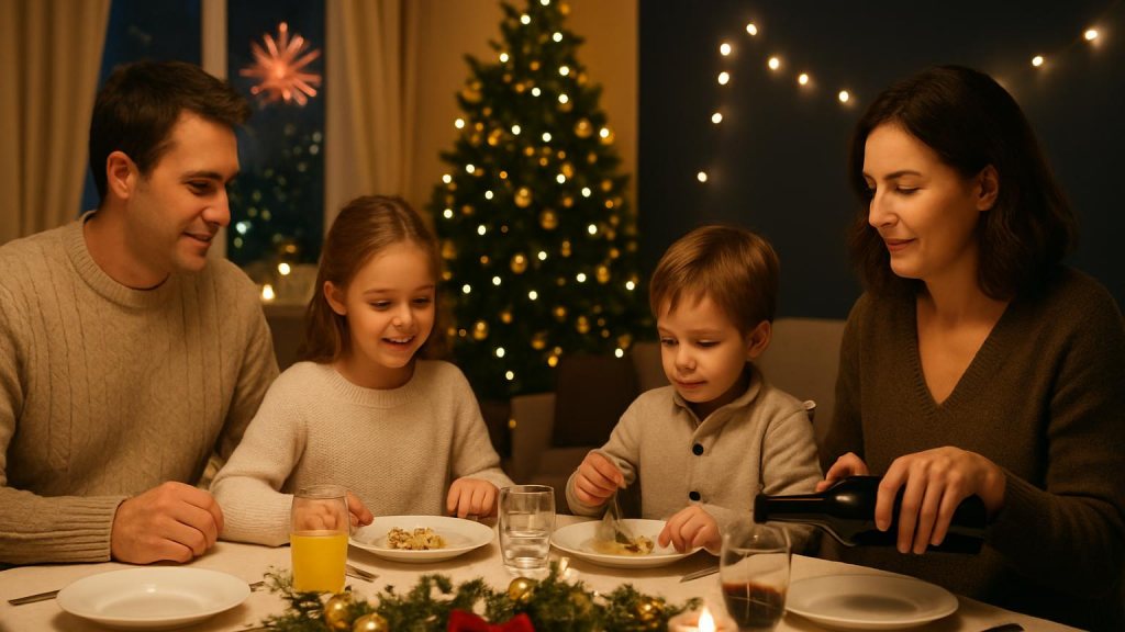 Famiglia con bambini in ambiente accogliente per Capodanno